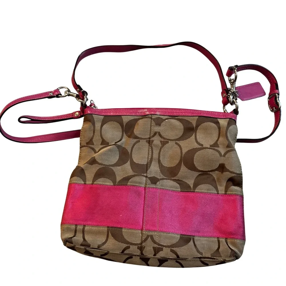 Coach Signature File Bag Pink Stripe Jacquard Crossbody F13674 Brown‎ Khaki